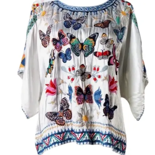 Johnny Was Vanny heavily Embroidered Satin Butterfly Blouse NWT