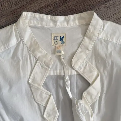 Anthro Cream Ruffled Mandarin Collar Blouse Modern button down Casual Top White Size 10