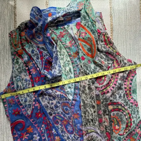 ANU Floral Embroidered 100% Wool Lightweight Boho Vest Cardigan Women’s Large Blue