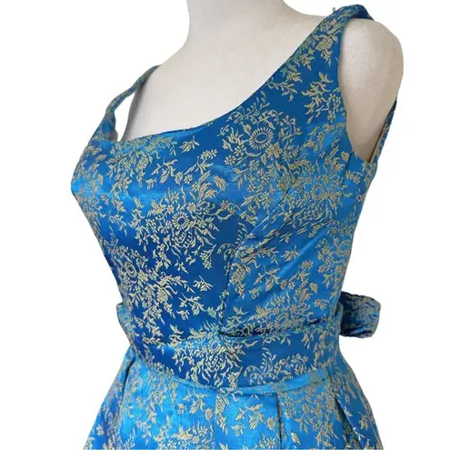 Vintage Blue Silk Brocade Pegged Dress and Shrug Handmade Size XS