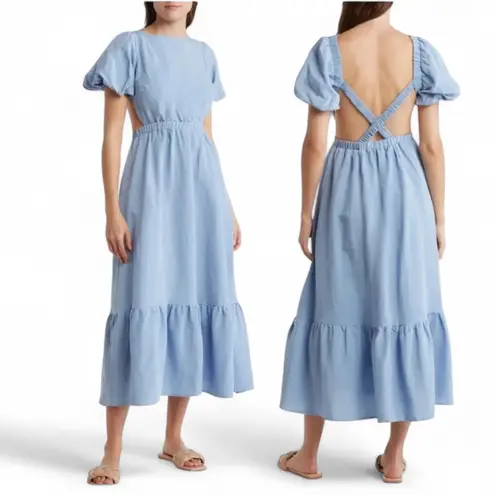 ASTR The Label Jelena Light Blue Backless Dress with Puff Sleeves Maxi Dress Size M