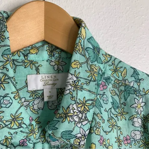 Charter Club  Linen Luxury Blue Floral  Button Down Spring Summer Small