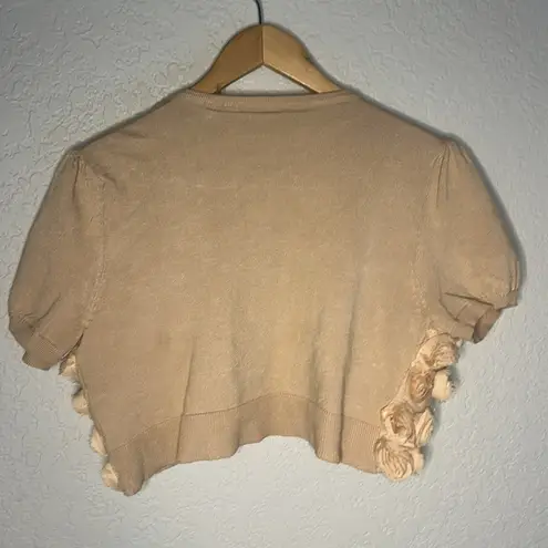 Cyrus Sweater Shrug Open Crop Cardigan Tan 3D Flower Rosettes Boho Indie Medium