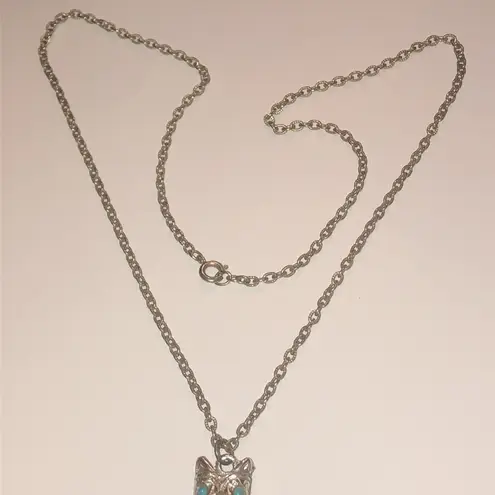 Vintage Silver Tone & Faux Turquoise Totem Pole Pendant Boho Retro Necklace