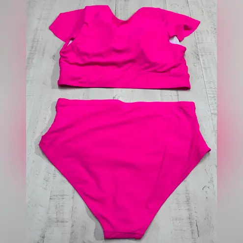 Yonique Two Piece Plus Size Bikini Set High Waisted flutter sleeve Swimwear Pink - Image 2