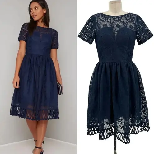 Chi Chi London Sheridan Dress Navy Blue Embroidered Short Sleeve UK 12 US 8