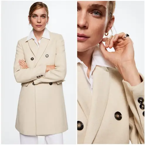 MNG Wool Blend Pea Coat Double Breasted Cream Beige | 3XL Size 3X