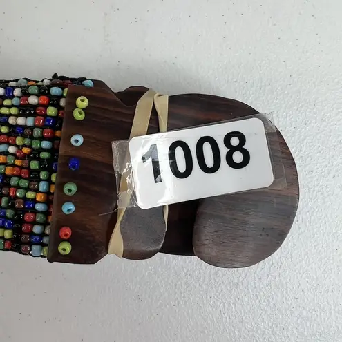 Vintage Beaded Wide Stretch Belt Carved Wood Buckle Boho Y2K Whimsy Hippie