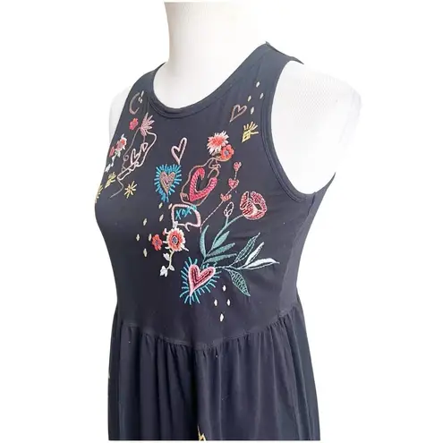 Johnny Was Black Embroidered Floral Sun Moon Star Heart Beach Maxi Dress Sz XXS