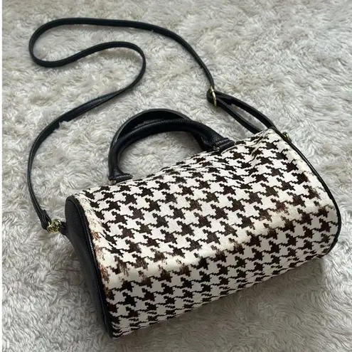 Anthropologie  Crossbody Genuine Cow Hide Fur Purse Houndstooth Fall Brown White