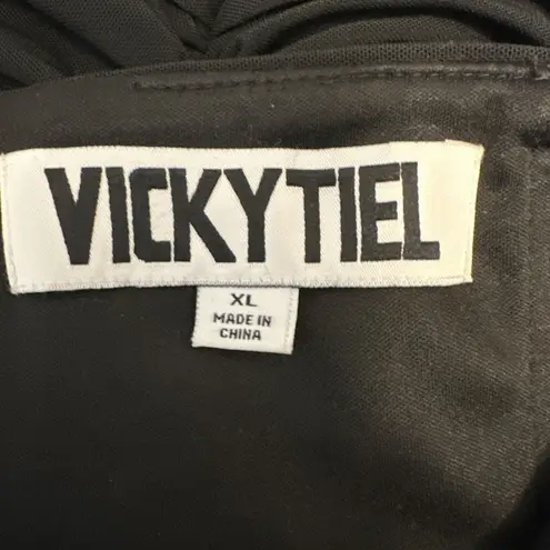 Vicky Tiel Womens Long Sheer Lace Sleeve Ruched Column Gown XL Long Dress Black