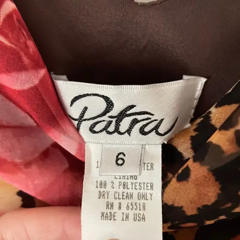 Vintage 90s Y2K Patra Asymmetrical Draped Cowl Leopard Rose Floral Midi Dress Brown Size 6