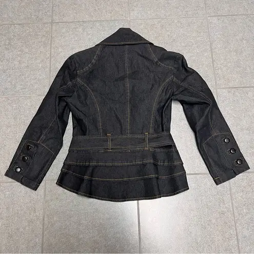 Bisou Bisou Dark Blue Denim Belted Jean Jacket Ruffled Hem S Military Band