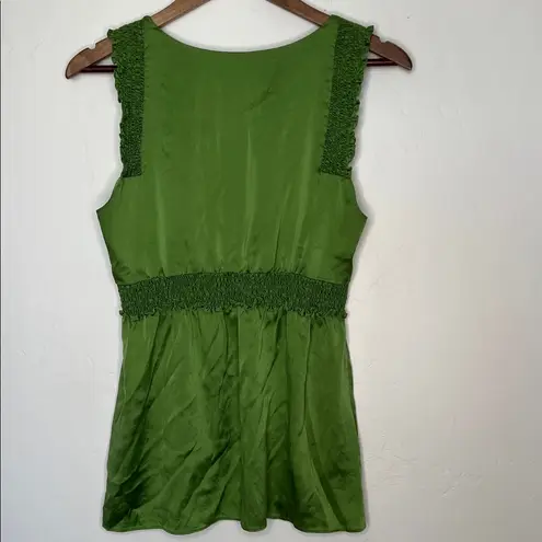 None Y2K Women’s Green Silk Sleeveless Smocked Boho Peasant Tank Blouse Fits Like S/M