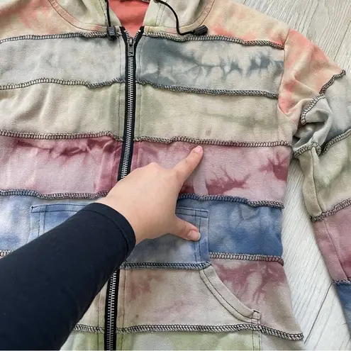 Nepal Patchwork Jacket cotton striped hooded zip womens (medium) grunge pastel Green
