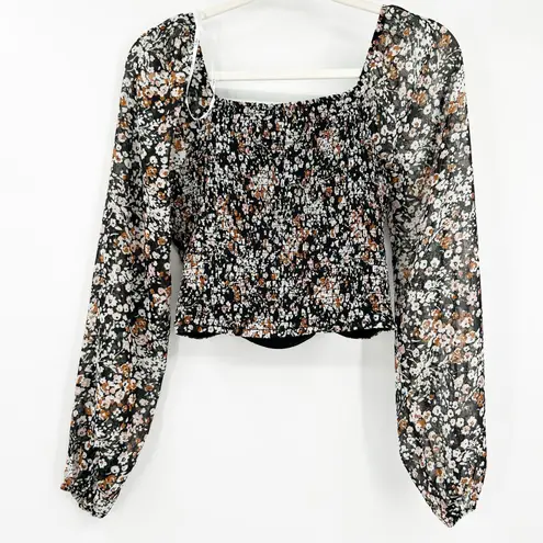 NWT Lulus Womens Mood Setter Ruched Long Sleeve Ditsy Floral Crop Blouse Top S Black