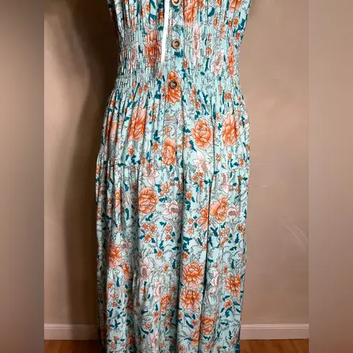 OSTOO Womens Short Sleeve Boho Floral Feminine Tiered Flowy Long Maxi Dress|SZ:M Blue Size M