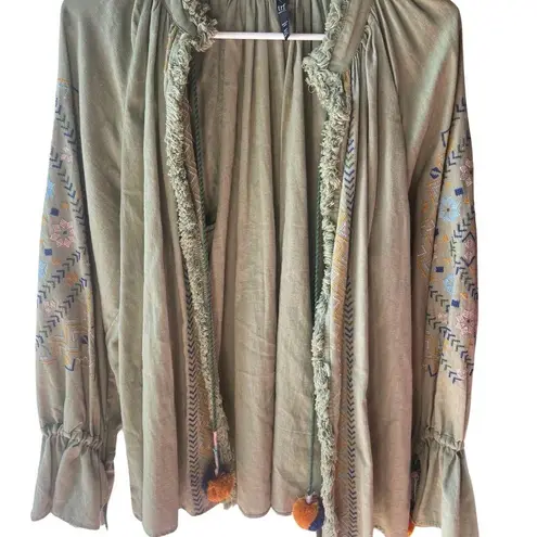 ZARA  Embroidered Pom Pom Boho  Army Green Jacket