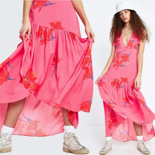 Free People  Tropical Hawaiian Hibiscus Hot Pink Floral Maxi Dress Size 0 XS