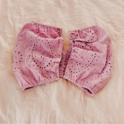 Sky to moon eyelet cinched purple tie front bandeau strapless crop top Medium Pink