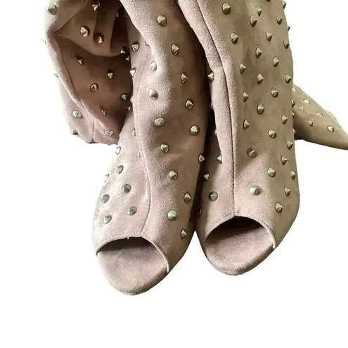 Liliana Vegan Suede Over the Knee Golden Tacks Peep Toe Boots
