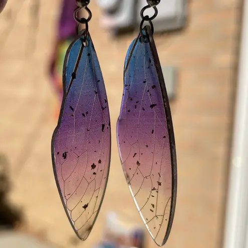 Fairy wings purple blue Ombre drop earrings gold sparkles wing New cottagecore
