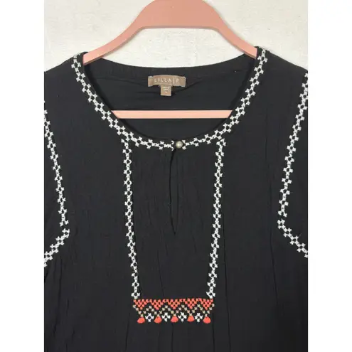 LILLA P Gauze Embroidered Dress Black Tassel Fringe Short Sleeve sz S Boho