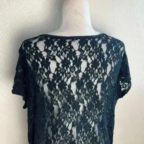 Free People  Top Pullover Short Sleeve Scoop Neck Floral‎ Lace Black Sz XS