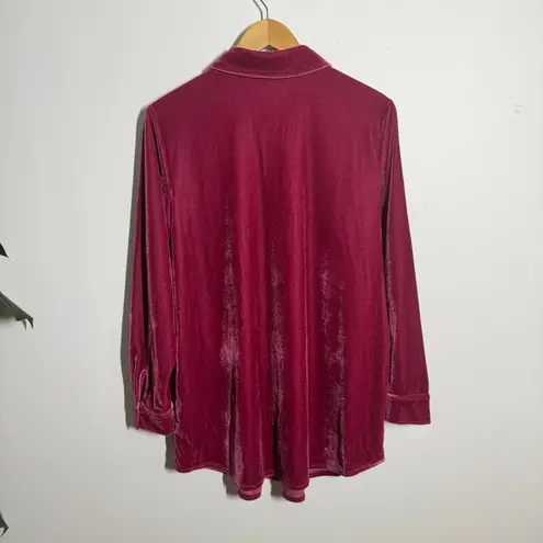 Soft Surroundings Top Women L Cranberry Red Velvet Button Up Blouse Holiday