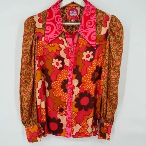 CeliaB Roman Satin Shirt Long Sleeve Floral Print Blouse Retro XS Brown