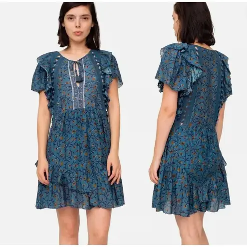 SEA New York Kaylee Boho Mini Dress Ruffle Tiered Skirt Crochet Trim Coastal 2 Blue