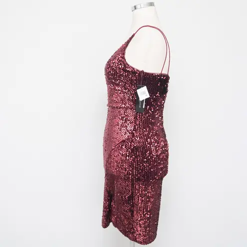 Betsy and Adam One Shoulder Burgundy Sequin Cocktail Dress