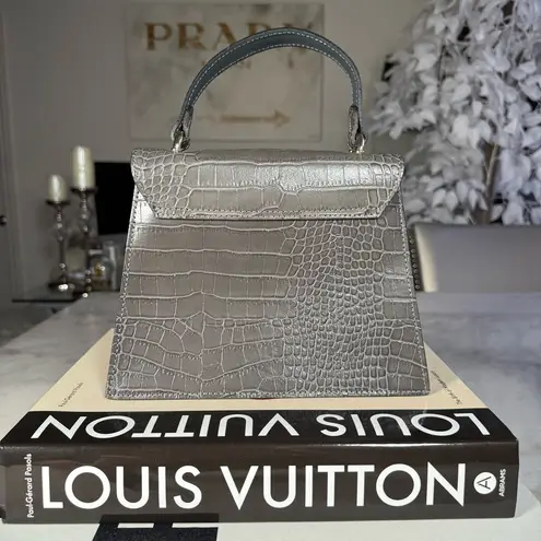 Borse In Pelle Gray Croc Embossed Leather Top Handle Chain Bag Made in Italy