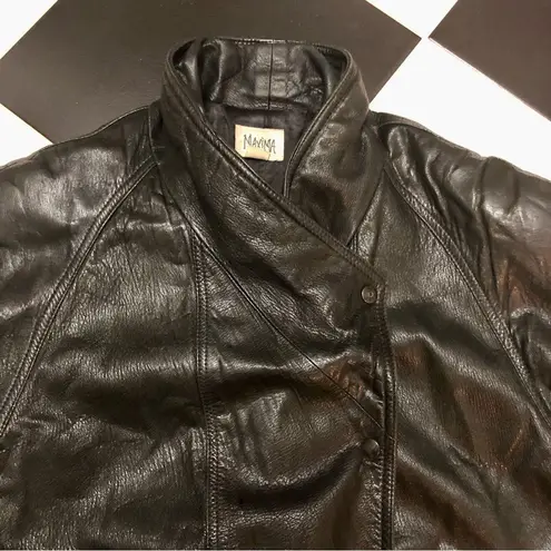 Vintage 80s 90s Maxima Boxy Leather Jacket Asymmetric Front Collar Bomber Style Black Size L