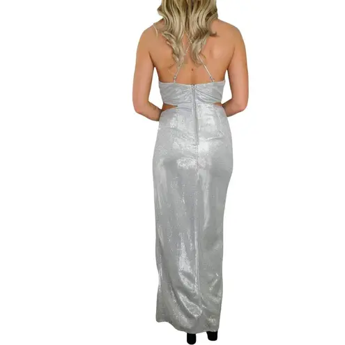 Y2k Metallic Silver Prom Dress Gown Halter Dress Cut Out