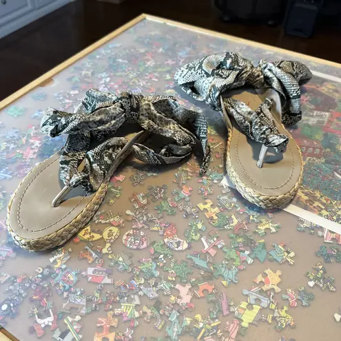 Zimmermann Scarf Tie Leather-trimmed Silk Twill Espadrille Sandals in Snake