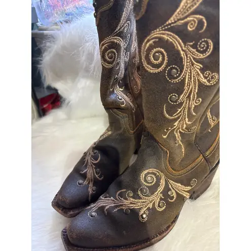 Tanner Mark Women's Brown Leather Embroidered Western Cowboy Boots Size 7.5
