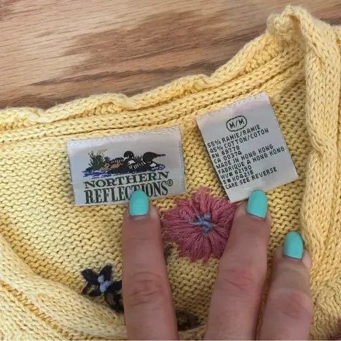 Northern Reflections Vintage Yellow Floral Embroidered Cable Knit V-Neck Sweater