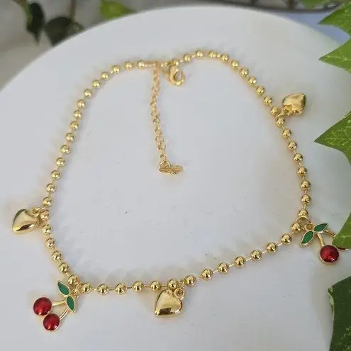 Gold Filled Anklet Ankle Bracelet Red Cherry and Heart