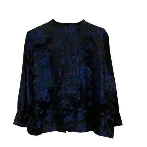 French Laundry black satin blue Florals embroidered Asian Blazer jacket