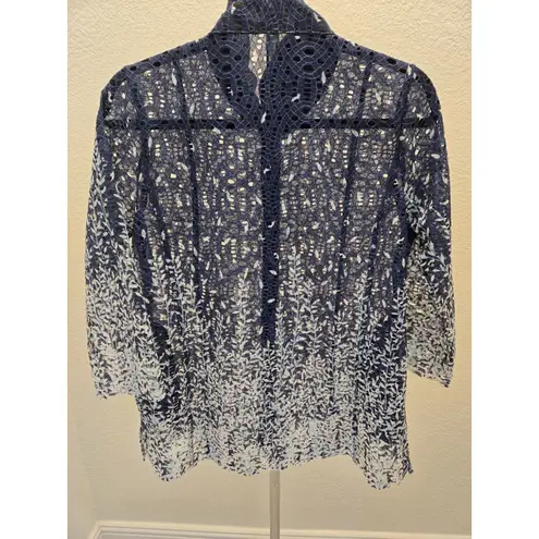 Trisha Tyler M Navy Lace Ombre Button Up Blouse Coastal Artsy Lagenlook Sheer Blue Size M