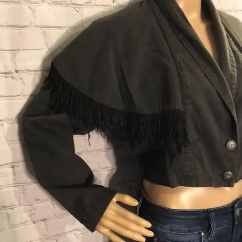 G•S•L Vintage Cropped Jacket Military Cut Cropped Black Jacket Fringe 1980s Size XS