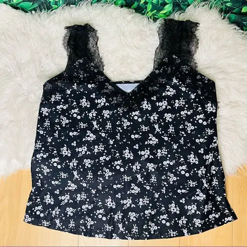 Cute floral black and white lace flirty tank top blouse XL Black