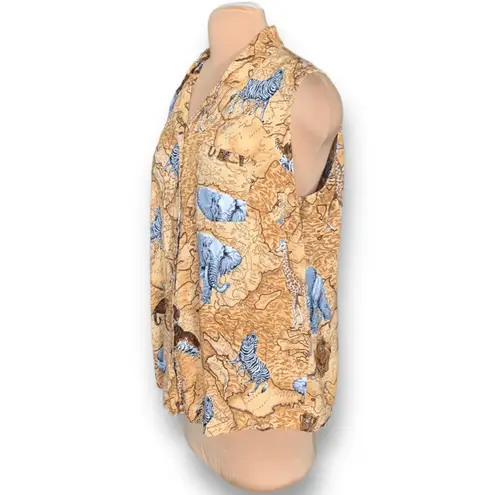 Vintage 90s North Crest Shirt Tan Sleeveless African Map Animal Print Plus 2X