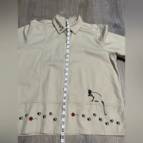 Christopher & Banks Vintage  Embroidered Cat Button Down Tan Shirt Women’s Small