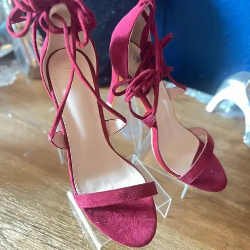 Elegant Allegra K Women's Dark Red Solid Open Toe Lace Up Stiletto Heels Pink Size 9