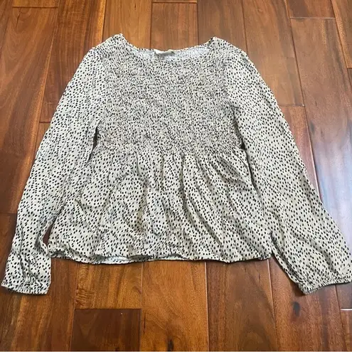 Urban Romantics Blouse Women Medium Cream Black Dotted Smock Long Sleeve Animal