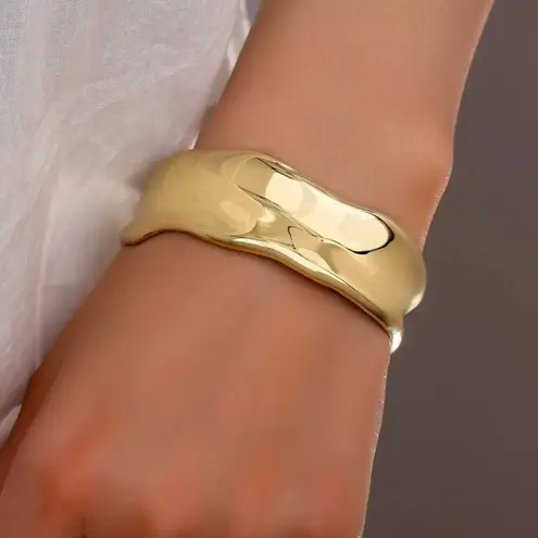 Gold Molten Wide Cuff Bracelet Sculptural Organic Statement Metal Wrist Cuff