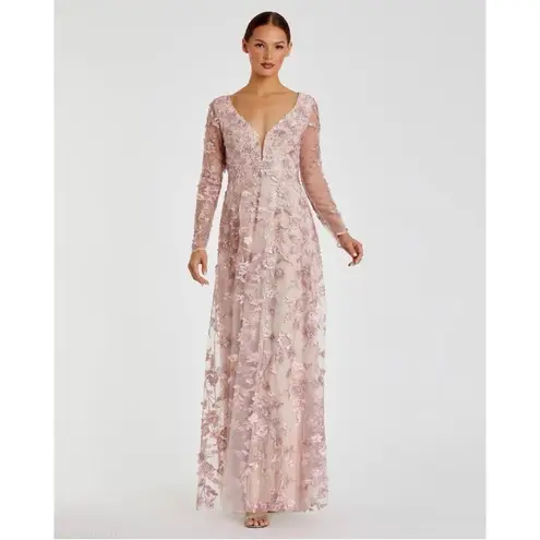 Mac Duggal NWT 70224 Pink Floral Applique Long Sleeve Illusion Gown Sz 10 $398
