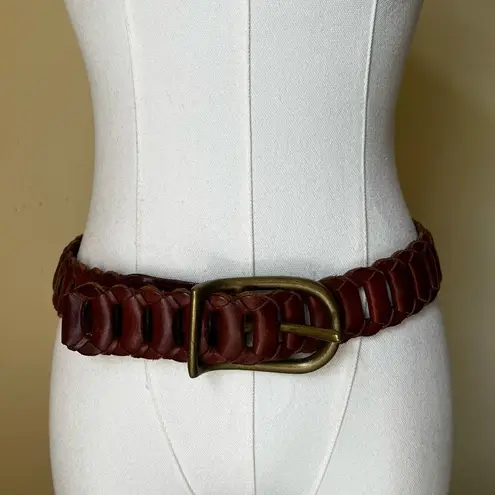 Vintage 90s DKNY Cognac Leather Woven Belt Brass Buckle Small Boho Minimalist Brown Size XS